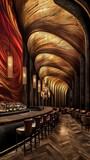 Luxurious curved bar interior with wooden ceiling, lighting, and seating.