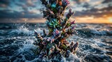 Colorful coral reef structure underwater with vibrant sea life and dramatic ocean waves at sunset