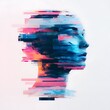 © Tanakrit - A digital abstract portrait of a human profile with fragmented, glitch-like horizontal streaks in vivid blue, pink, and orange tones on a white background.