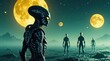 © miss irine - Cyborg aliens stand on dusty ground of strange planet at night. Glowing yellow moons shine in starry sky above extraterrestrial landscape. Futuristic humanoid creatures with bright circuit patterns