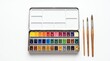 © Mena Bakhet - A professional metal watercolor paint set with assorted brushes arranged on a clean white
