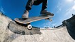 © Darakorn - Low angle fisheye shot of a skateboarder performing an ollie jump over a concrete bowl ramp at a skatepark against a clear blue sky.