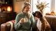© Hungarian - Smiling Woman Relaxing on Sofa with Her Boxer Dog and a Cup of Coffee in a Cozy Autumn Living Room