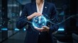 © StockVisionLab - Businesswoman holding glowing digital globe sphere with network connections, global communication technology, worldwide data exchange and international business connectivity
