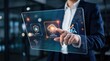 © StockVisionLab - Man touching transparent futuristic screen selecting cloud computing icon, security and data analytics options, advanced technology interface concept