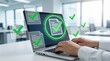 © Gibster - Business compliance and legal requirements assurance is shown on laptop with check marks confirming standard document approval in office setting