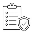 © Raiya - Hand-traced vector icon illustration of a clipboard checklist with a verified shield, depicting task approval, security verification, and compliance documentation in minimalist line art style