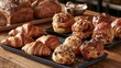 © 69 - Freshly baked assortment of golden brown croissant and sweet bread rolls with nuts on trays in rustic bakery setting with wooden surface and blurred background