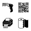 ©  MVectors - Barcode scanner QR code printer paper roll set, black white, vector illustration