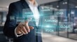 © DramaReelVault - Businessman touching virtual floating keywords like teamwork, planning, vision on holographic interface, corporate strategy for leadership development and global ethics management