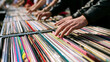 © dinatychynska - Open air vinyl market, hands flipping record crates with colorful sleeves, summer daylight outdoor music fair, retro analog culture, community shopping and discovery, weekend lifestyle event.