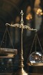 © mohammedsalim - Vintage brass scales of justice with law book and crystal sphere in dark library setting