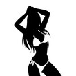 © teracreonte - Traje de baño. Logo moda de verano. Icono con dibujo sencillo de la silueta de una mujer sexy con bikini en espacio negativo
