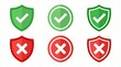 © Alex - Approval and rejection icons with green check marks and red X shields, security correctness error symbol graphic illustration set.