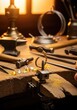 © Sathaporn Buarabut - A gold ring being shaped with precision metalwork tools on a rustic wooden workbench inside a traditional atmospheric jewelry craft studio, traditional, engraving, jewelry