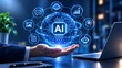 © Hamzah - Hand holding holographic artificial intelligence globe with floating icons representing machine learning capabilities and automated business solutions