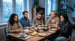 © Felippe Lopes - Diverse group of friends enjoying a cozy breakfast together indoors at a wooden table with food and drinks