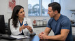 © REFENDI - medical consultation with a female doctor explaining health details to a male patient in a clinical setting during an appointment
