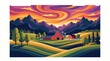 © Wasif - Vintage sunset landscape, stylized mountain scenery, red barn, rolling hills, farm fields, flat vector illustration, rustic pastoral