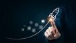 © Mst Rozina Pervin - A finger touching a digital rocket ship icon, symbolizing business growth and startup success. The background is a dark blue gradient.