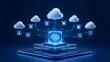 © ADEEL - A glowing brain inside a cube is connected to multiple cloud computing icons representing data management 3d rendered.