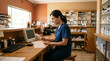 © EchoFrame - Female Healthcare Professional in Blue Scrubs Writing Notes at Wooden Desk in Medical Office