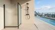 © pattaphorn - Outdoor Shower with Translucent Glass Enclosure Overlooking Luxurious Pool and Cityscape in Daytime