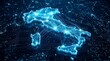 © Design Store - Digital map of Italy with glowing lines connecting cities and data points representing a futuristic network concept for global communication and technology infrastructure projects.