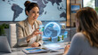 © Loki_Creo - Travel agent warmly presenting holographic globe display with destination photo to client inside modern office