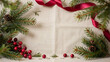© BrainRoot - Christmas pine branches with red berries and ribbon arranged on a textured surface with soft natural light