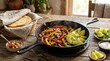 © Dream Pixel - Fresh avocado fajita cooking in a cast iron skillet with bell peppers, onions, mushrooms, and warm tortillas