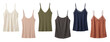 © Happy Carrot - Collection of women's camisole tank tops in various neutral colors and materials like ribbed knit, satin, and linen with delicate lace details, showcasing a basic wardrobe assortment