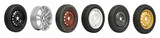 Diverse collection of car wheels and rims including steel, alloy, new, and used tires in various colors like black, silver, red, white, and yellow for automotive service concepts