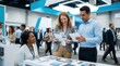 © BZXO - Engaging audience and saleswoman presenting at a corporate trade show exhibition.