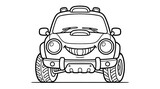 Black and white line art of a cute cartoon rally car with a smiling face, front view, perfect for kids' coloring pages