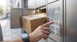 © Rizki - Person using a digital touchscreen to open a parcel locker for package delivery.