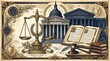 © Nisrina - Justice and Law Symbolism Scales, Gavel, Building, and Open Book