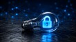 © Riski Digital Studio - Glass lightbulb containing glowing blue padlock on dark surface. Concept of cybersecurity innovation, data protection strategy, and secure technology.