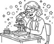 © Sojol - Cute cartoon line art coloring page illustration of a happy female scientist looking through a microscope in a laboratory