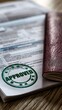 © Mr. Orsetto - Document with a prominent green approved stamp beside a brown leather-bound notebook on a wooden surface symbolizing official authorization and accomplishment