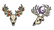 © Growup Pixel - Set of two deer skulls with antlers, one decorated with autumn leaves and pumpkins, the other with a crescent moon, vector illustration isolated on transparent background