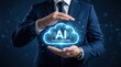 © Jieun - Businessman in suit holding hologram cloud computing icon with AI text, artificial intelligence technology, digital transformation and future business innovation strategy