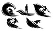 © Khadijatunanha - Black surfer silhouettes riding ocean waves in dynamic surfing poses vector set