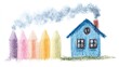 © Harry - Charming blue cottage drawn with wax crayons displaying colorful fence posts and thick smoke rising into a white clear background
