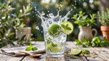 Refreshing lime mojito cocktail with ice splash on wooden table