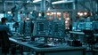 © Chantip - Smart factory control coding scene, industrial futurism, steel gray and cyan, cinematic photo, depth of field, automation concept.