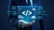 © Fexzan - Artificial intelligence coding interface, businessman holding glowing AI software development icons, futuristic programming and cloud computing concept
