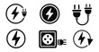 © Abdul Malek - Electric charge icon set, plug, socket, lightning bolt symbols, power connection, electrical energy, charging equipment, vector illustration