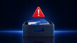 © Ridwan_DigitalGrid - 3D red warning triangle hovering over a blue file box with documents representing data error and security alert.