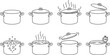 © MDNAYEEM - Kitchen cooking pots line icon set showing boiling water steam lids open and closed culinary steps